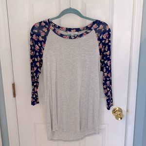 Women’s long sleeve baseball tee with floral sleeves